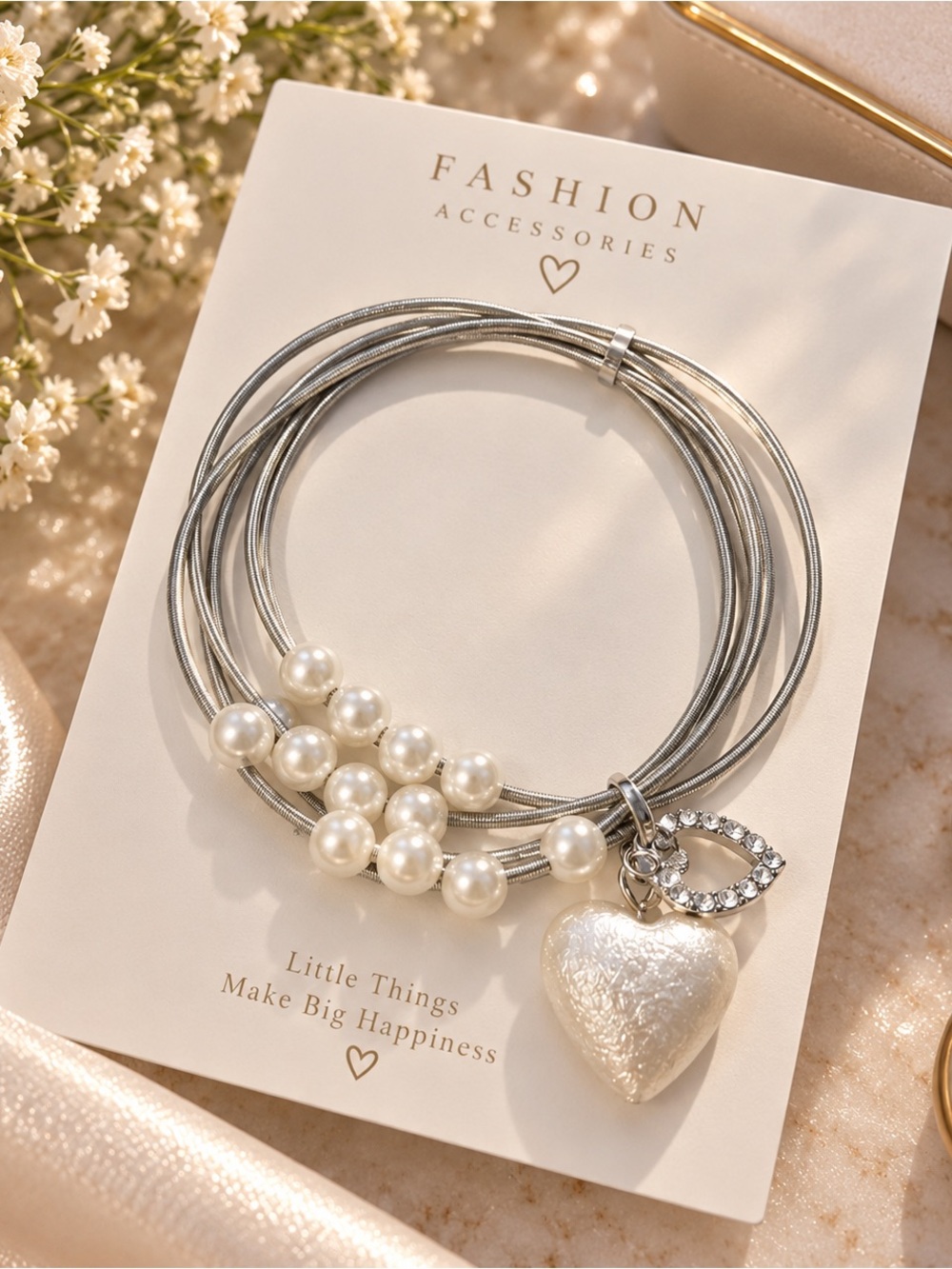 Silver Pearl Multi-Strand Bracelet with Heart Charm